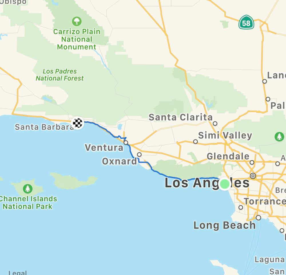 Route from Venice to Santa Barbara. Video Below
