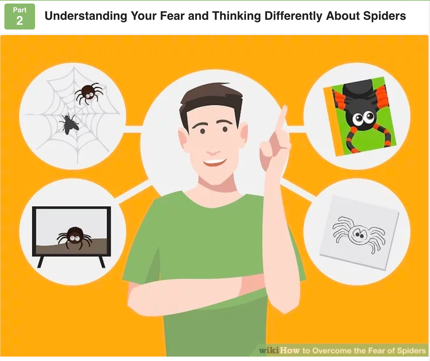 Illustration from Wikihow titled "Understanding your fear and thinking differently about spiders." A cartoon man imagines several different cute versions of spiders.
