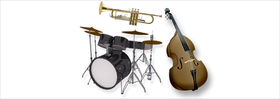 A collection of traditional jazz instruments including a trumpet, a drum kit, and a standup bass.