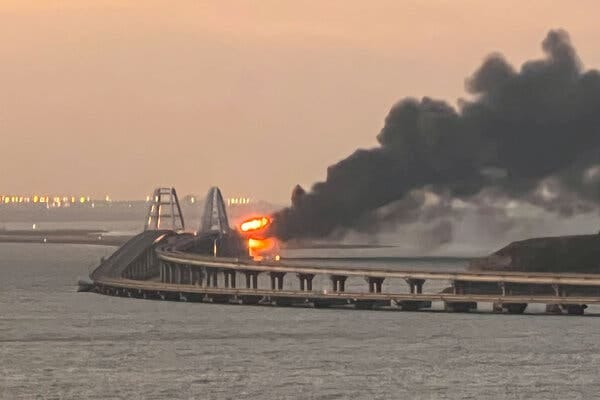 A fire on the Kerch Strait Bridge in Crimea on Saturday.