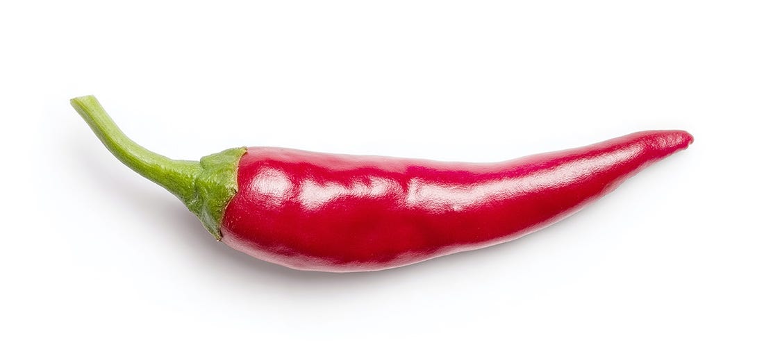 Foto colorida de uma pimenta dedo-de-moça vermelha sobre fundo branco.