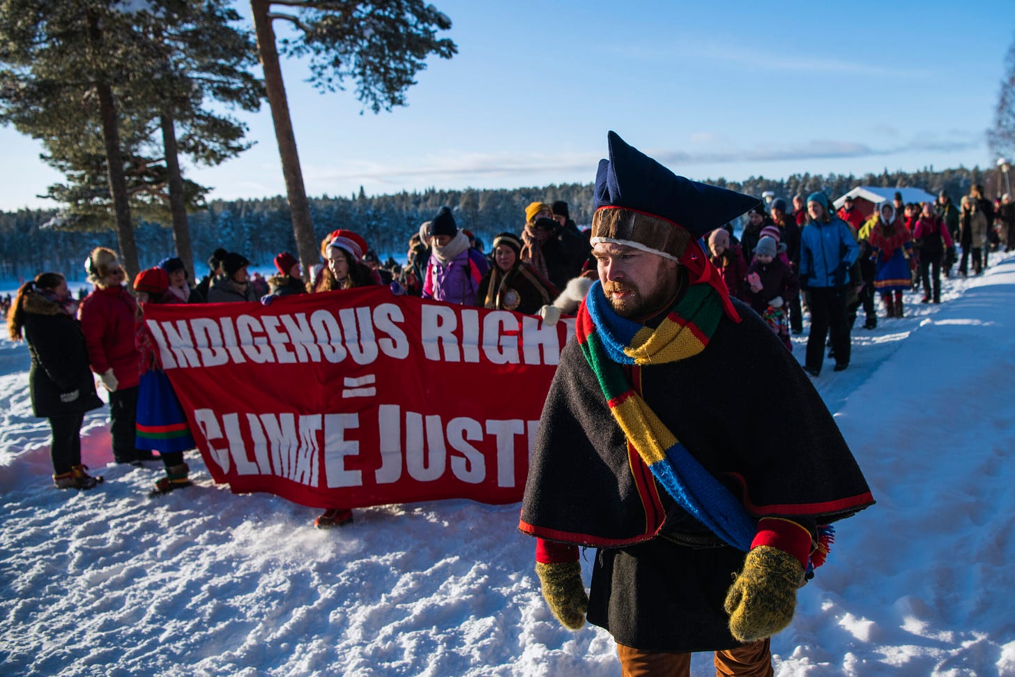 Members of the indigenous Saami community march during a Friday for Future protest in Jokkmokk, northern Sweden on Feb. 7, 2020. Credit: Jonathan Nackstrand/AFP via Getty Images
