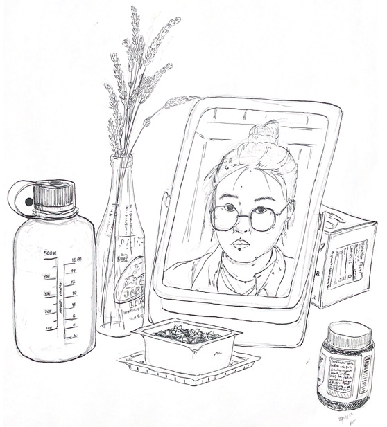 A ink self portrait, my face is framed in a mirror. A bottle with lavendar sits next to it, as well as a nalgene water bottle, succulent plants, a bottle of ink, and a box of tea. My expression is blank, a little somber. 