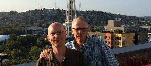 Brent and Michael in front of Space Needle in Seattle