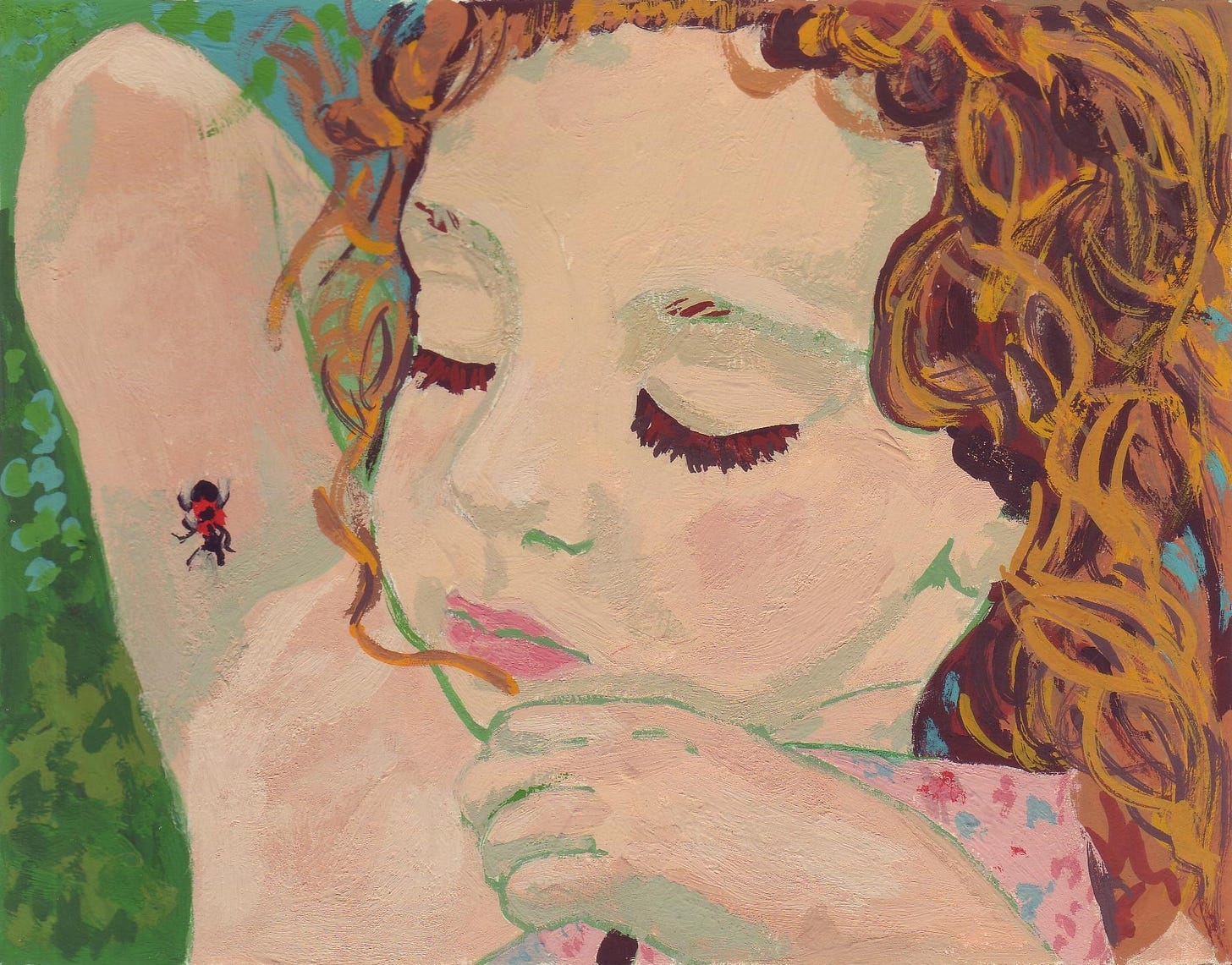 A child looking at a small insect, gouache on paper