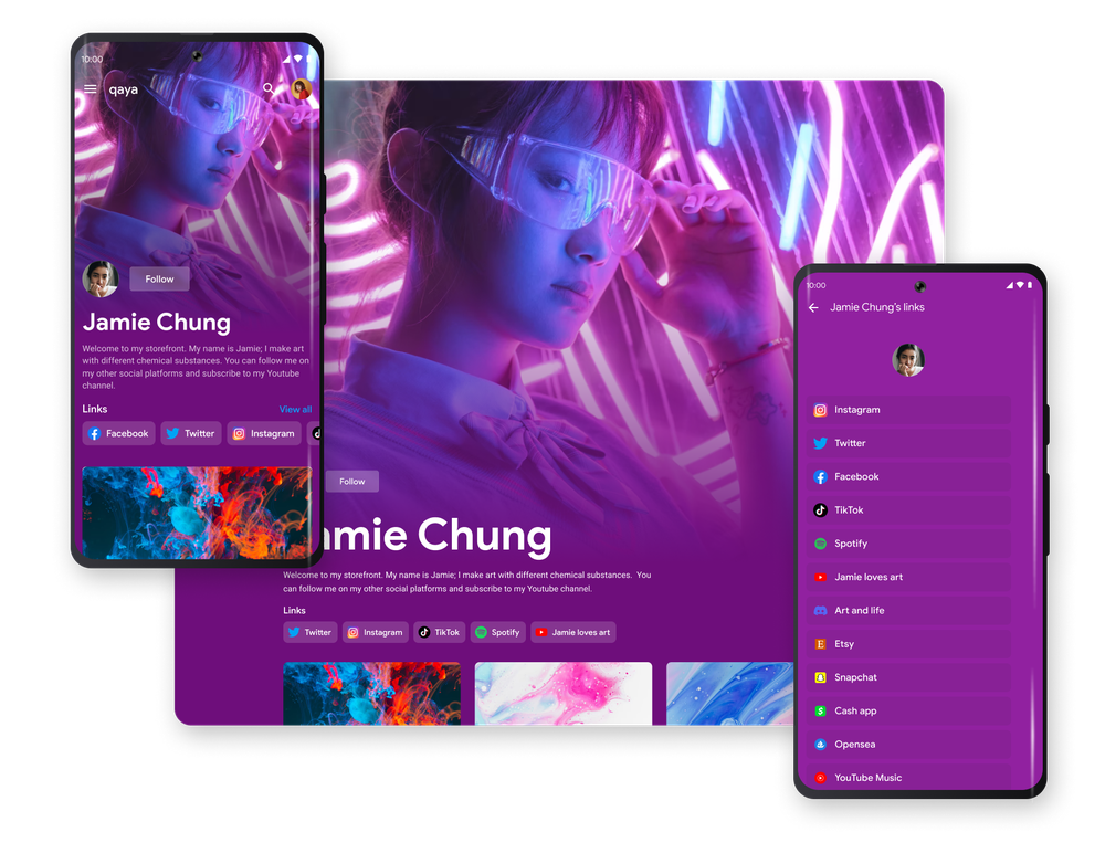 Renderizações móveis e de desktop da página Qaya para um criador chamado Jamie Chung.