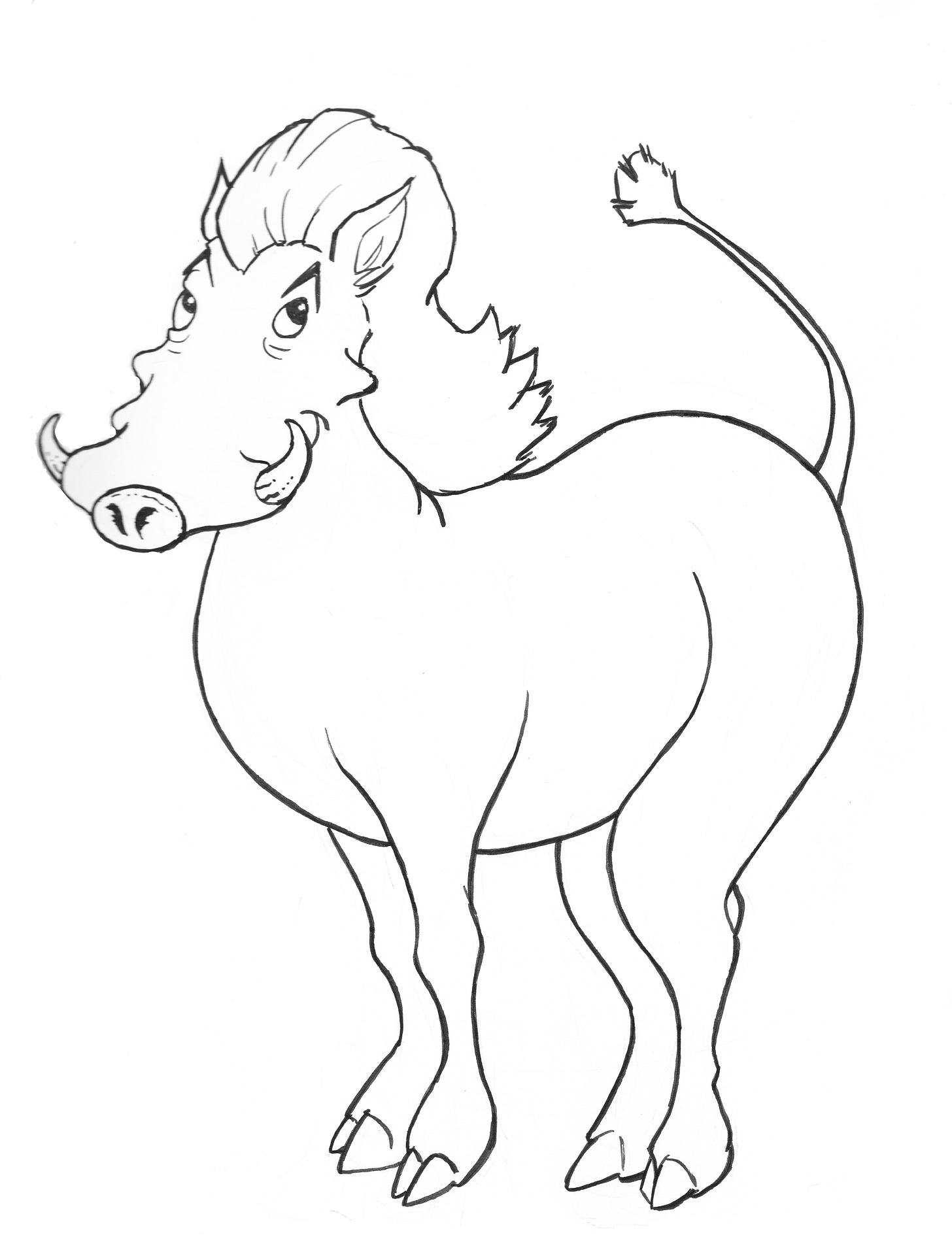 Line drawing of a proud warthog with a large pouffy mane of hair and a raised tail.