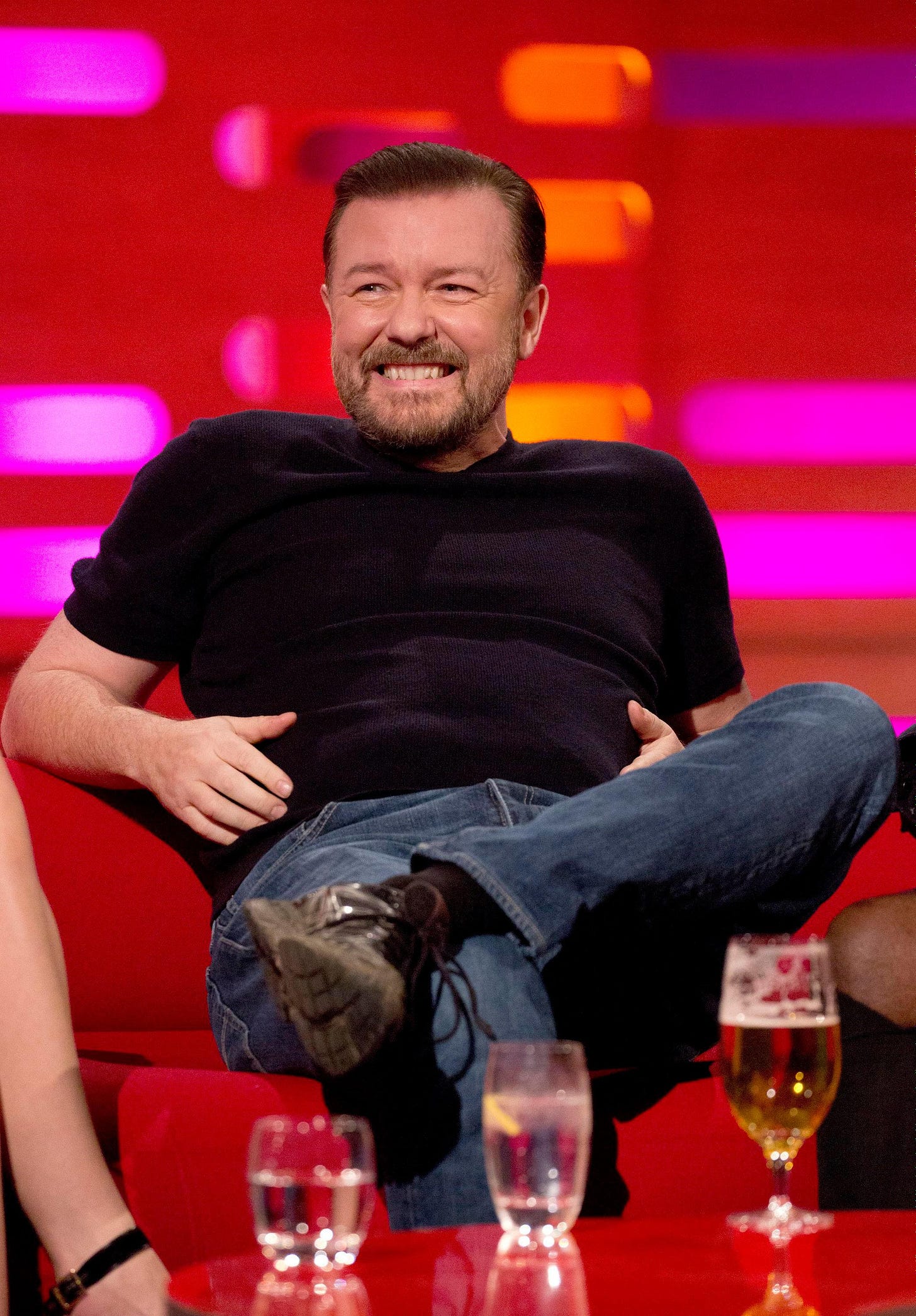 Image result for ricky gervais black tee drinking beer