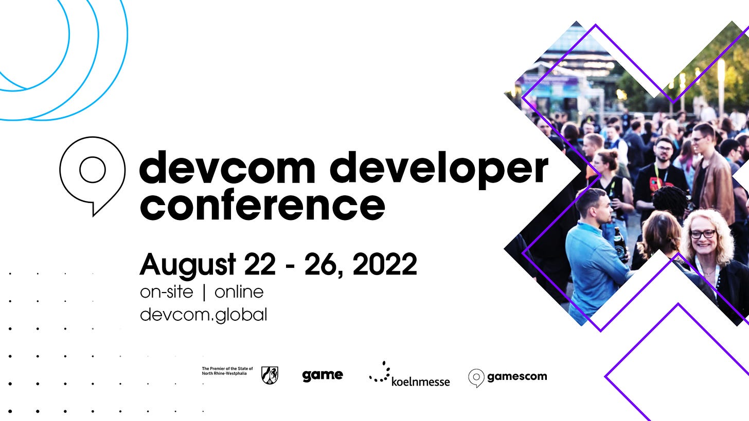 Poster for devcom developer conference happening on 22 - 26 August in hybrid format.