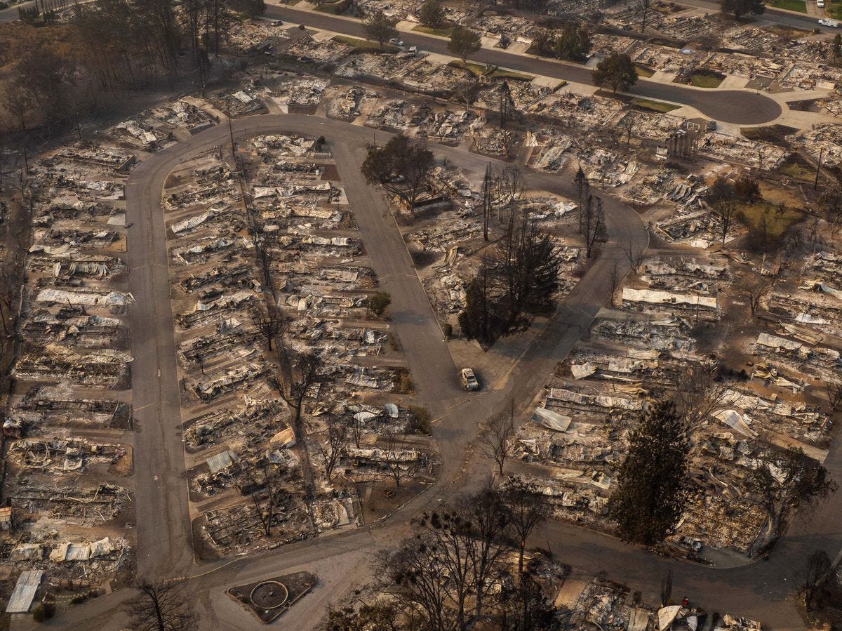 In this aerial view from a drone, homes destroyed by fire are shown on September 10, 2020 in Phoenix, Oregon. Hundreds of homes in the town have been lost due to wildfire.