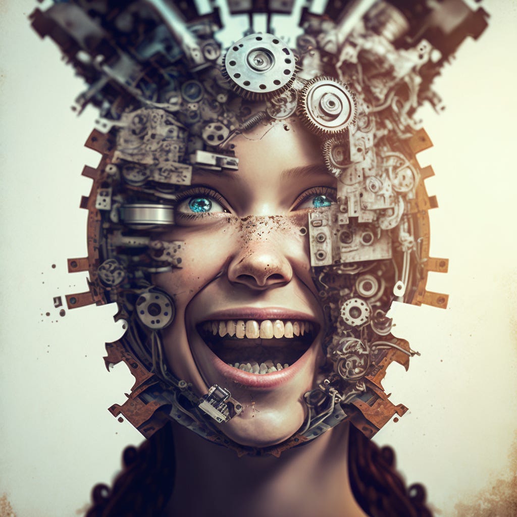 skin peeling off of a smiling female human face to reveal a robot beneath, mechanical, cogs, rube goldberg, we anderson