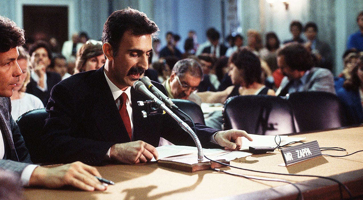 Frank Zappa testifies before Congress in opposition to mandated labeling of record album covers.