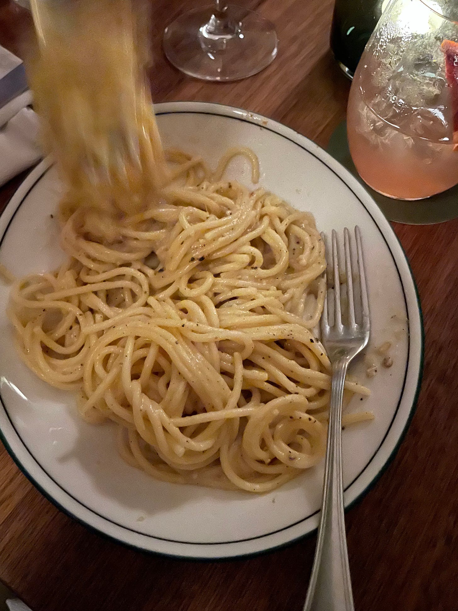 Plate of spaghetti carbonara in a Hobart bar