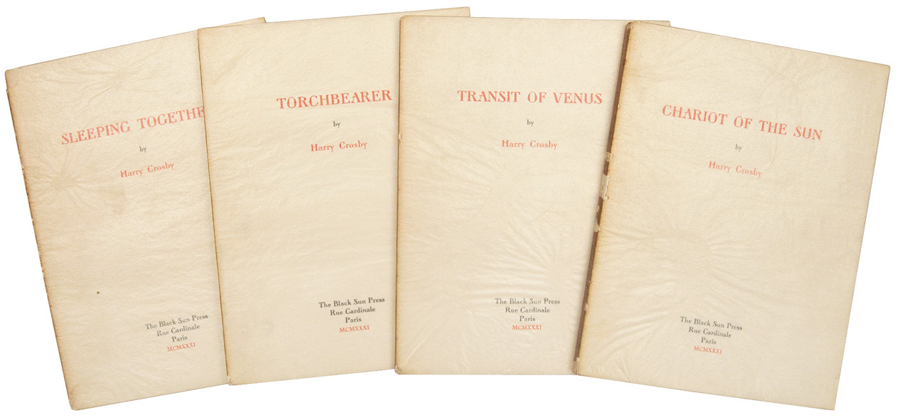 Four books with cream covers and titles in ink: sleeping together; torchbearer; transit of venus; and chariot of the sun.