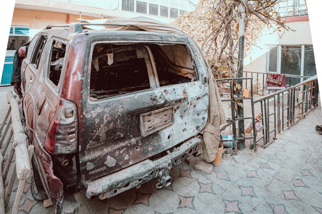 A burned-out car.