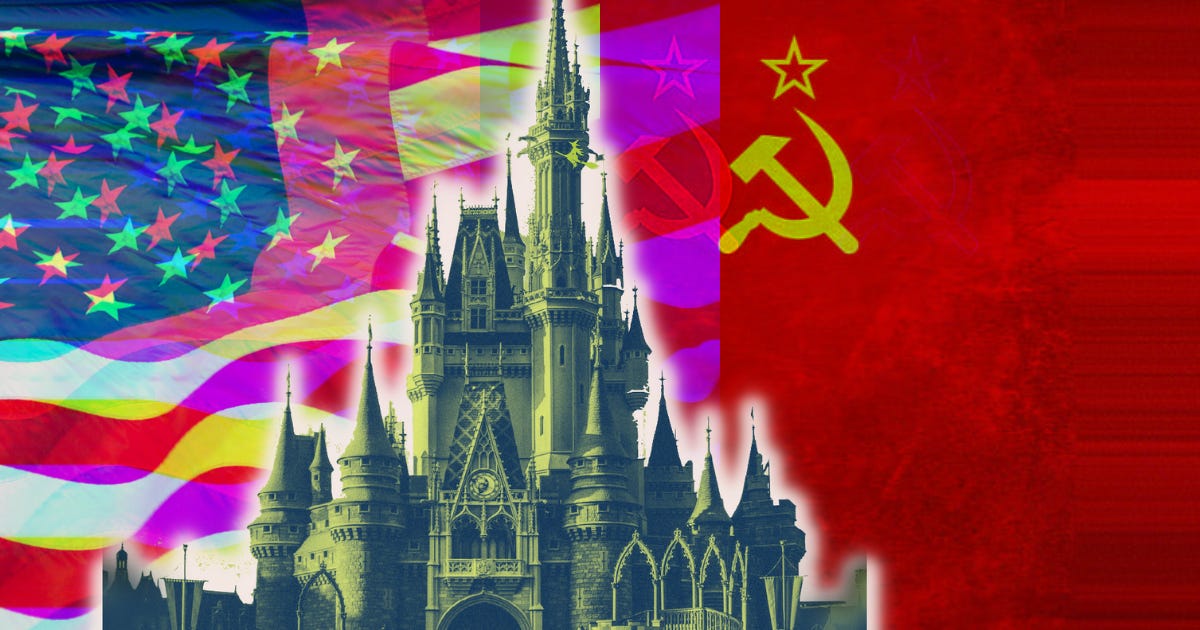Disneyland castle. Ominous haunted Disney castle. American flag and communist flag. Communist Russia. Soviet Russia.