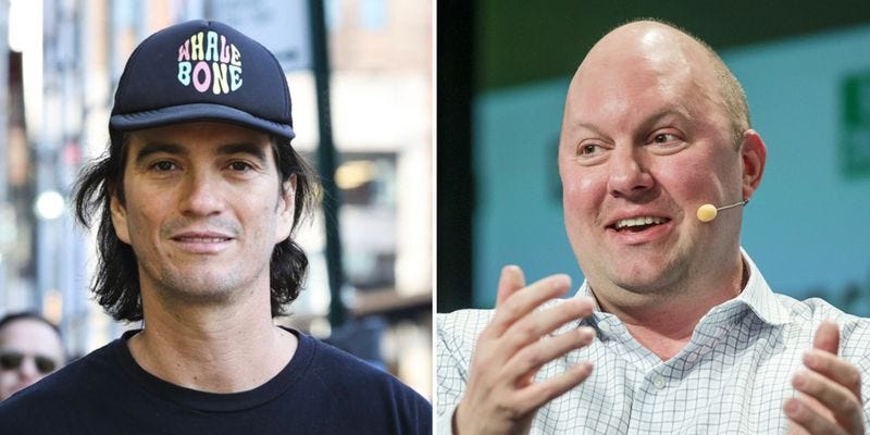 Left:&nbsp;Adam Neumann, &nbsp;co-founder of WeWork; right:&nbsp;Marc Andreessen, co-founder and general partner of Andreessen Horowitz.