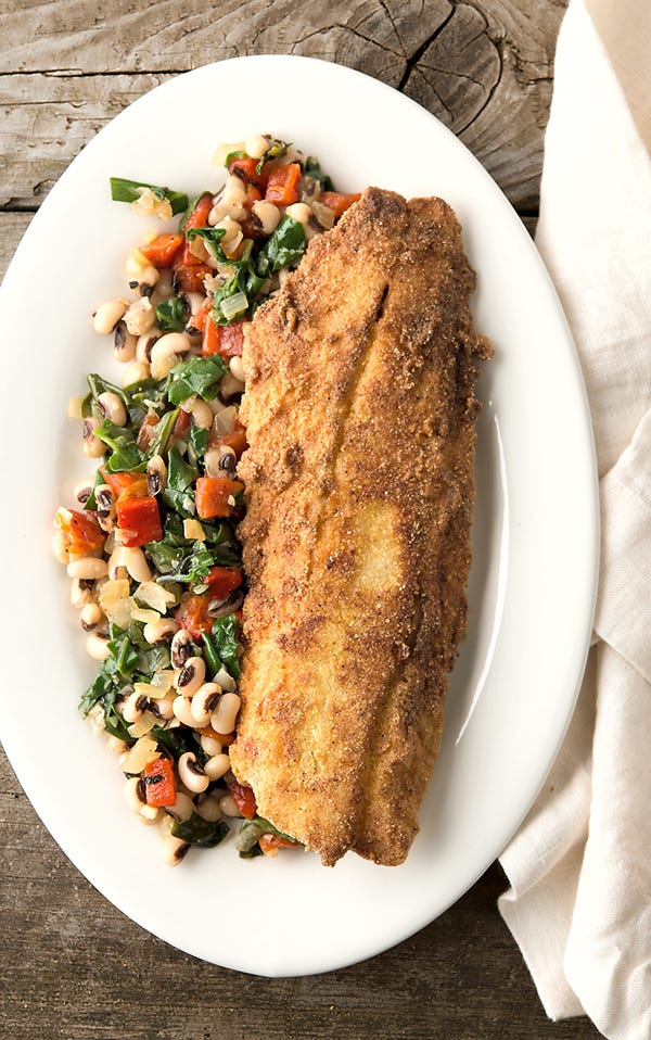 Fried speckled trout with black-eyed pea salad. 