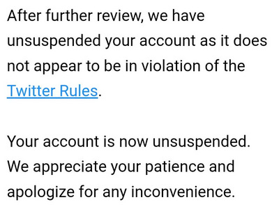 Screen capture of text: After further review, we have unsuspended your account as it does not appear to be in violation of the Twitter Rules. Your account is now unsuspended. We appreciate your patience and apologize for any inconvenience.