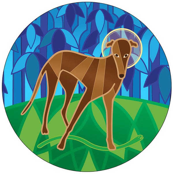 An illustration done in a style like stained glass. A brown dog stands on four legs in the centre of the picture with a yellow halo over his head. The dog, St. Guinefort, stands on green grass and below his two front paws is a dead snake. The sky is blue behind him.