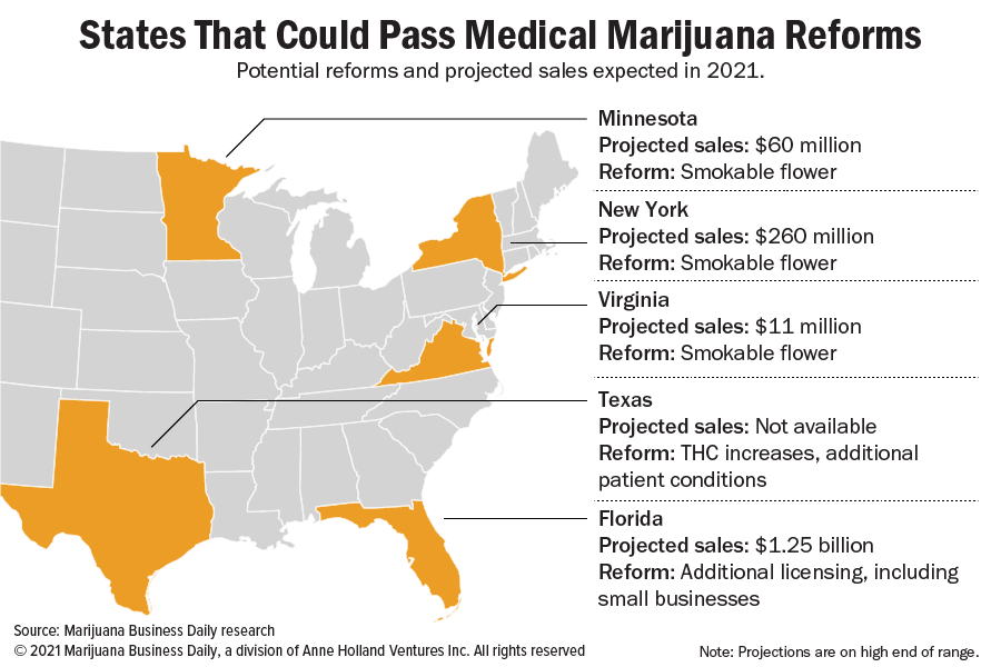 Map showing states where potential medical marijuana reforms could happen in 2021