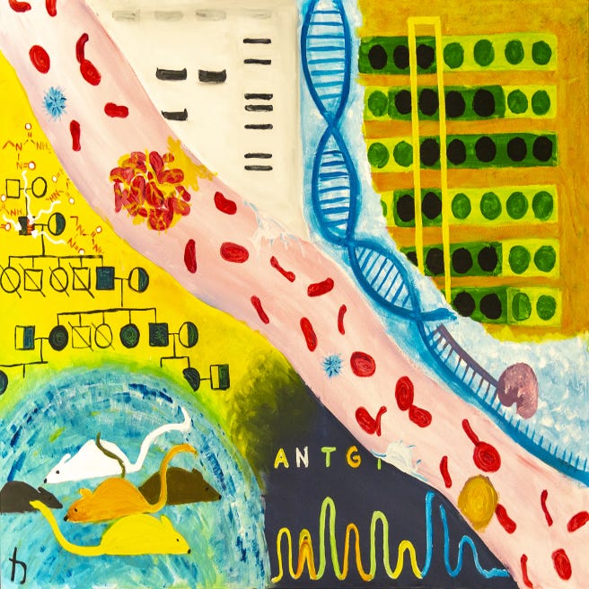 Colourful acrylic painting of a blood vessel with a clot, a blue DNA strand, a black and white Western blot, and chemical structures important to Kart Tonberg's PhD thesis.