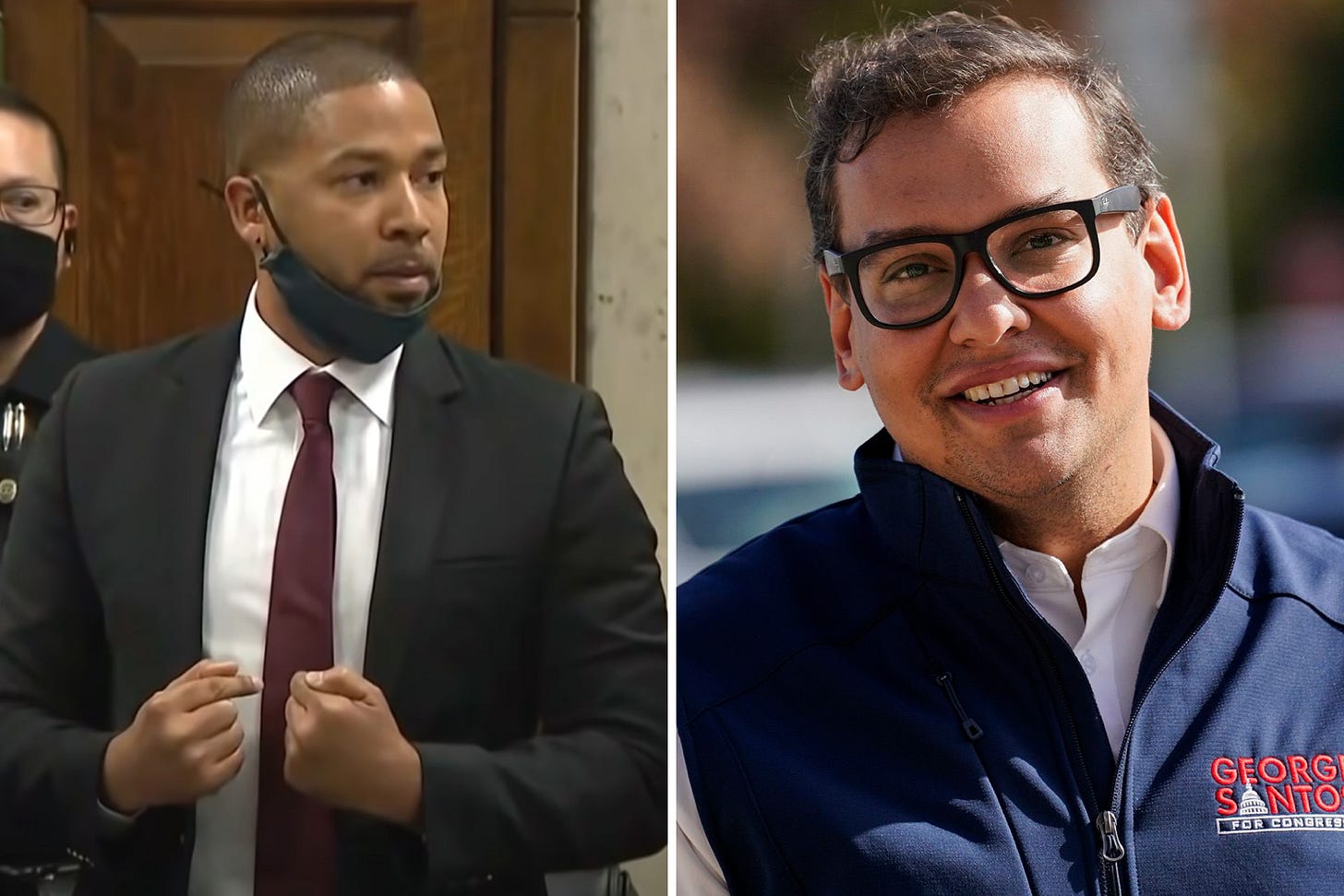 A split image with Jussie Smollett on the left and George Santos on the right. A split image with Jussie Smollett on the left and George Santos on the right.
