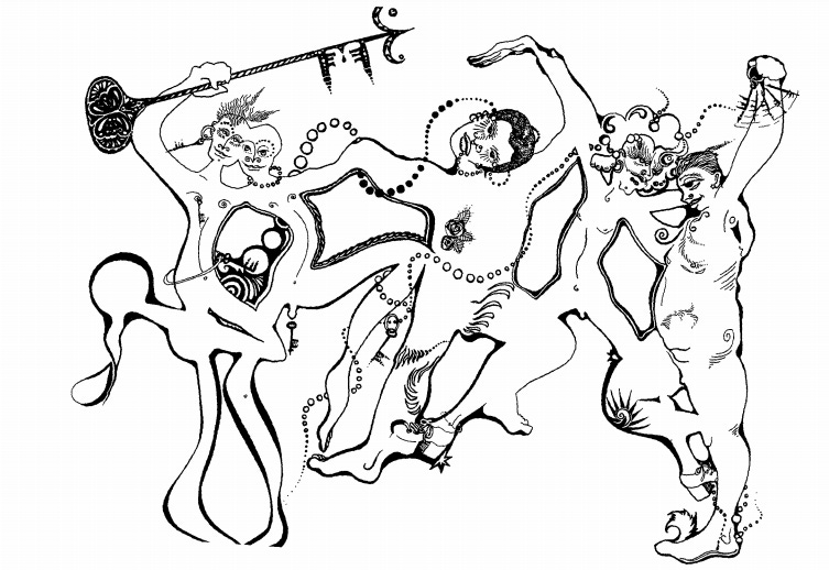 an illustration of a group of queer naked people dancing/fucking with one another, expressing joy; the illustration is extremely abstract and their bodies seem almost to blend into one another