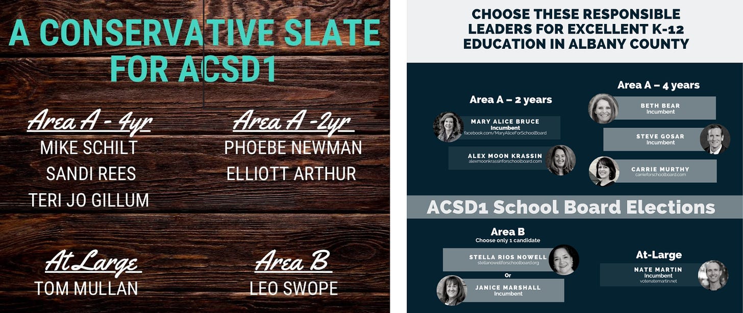First mailer promises "a conservative slate for ACSD1," while the second mailer promises "Responsible leaders for k-12 education." Each lists a slate of ideologically related candidates.