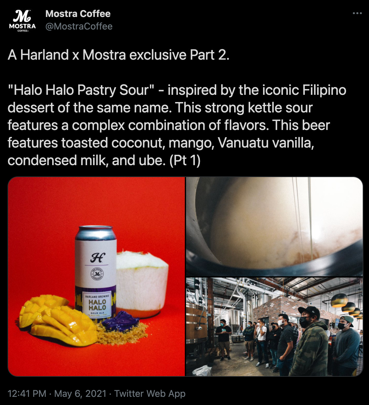 A screenshot of the @mostracoffee twitter feed promoting a new coffee and beer collaboration with Harland Brewing Co.