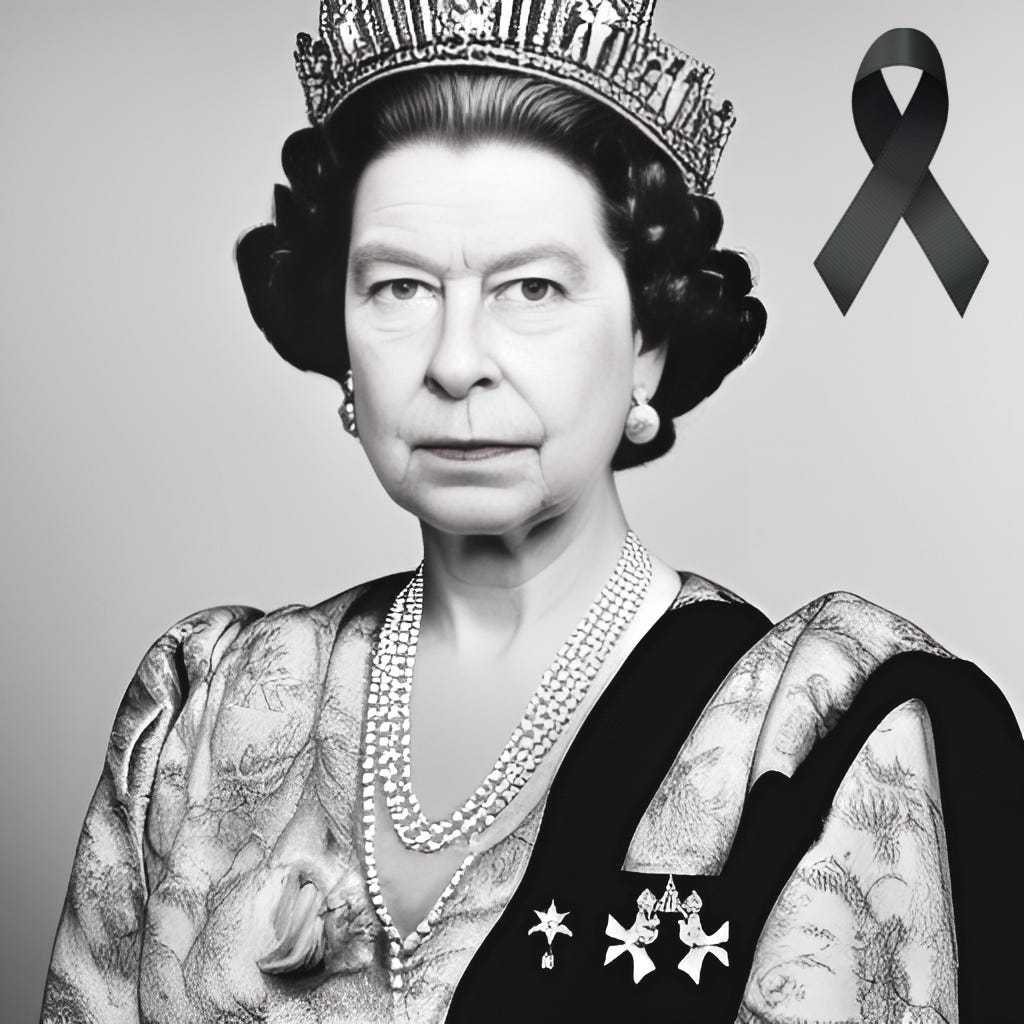 A royal portrait of Queen Elizabeth II in complete regalia, looking down melancholically. The Illustration has a soft focus, in black and white giving it a timeless and somber feel.