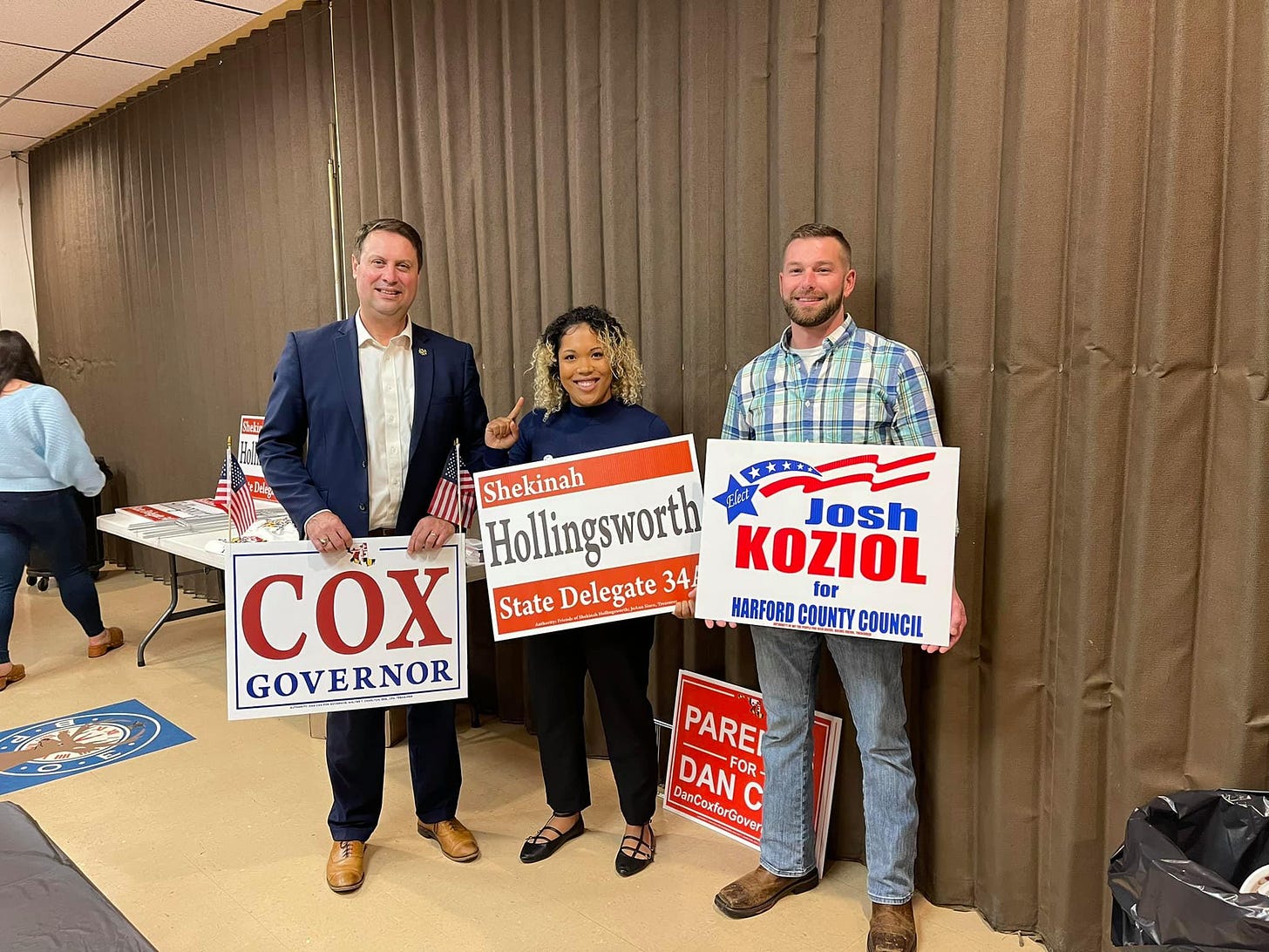 May be an image of 4 people, people standing and text that says 'Hollingsworth Elect Shekinah Josh KOZIOL COX State Delegate 34 for HARFORD COUNTY COUNCIL GOVERNOR PARE AN FOR DanCoxforGover Gover'
