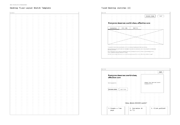 Two different templates in the Sanity Sketching Kit in Figma. The right side show fixed with (i.e. one page’s worth) of a screen, with two different prototypes being down there. The left side show a ‘fluid’ sketch where there is about two page’s worth of space to work with.