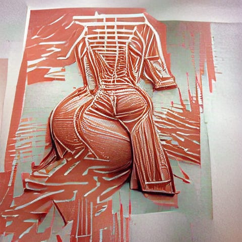 AI generated image of a linocut-print style picture in the general color of Kim Kardashian's infamous Paper Magazine cover shoot. The print looks vaguely like a curvy female form.
