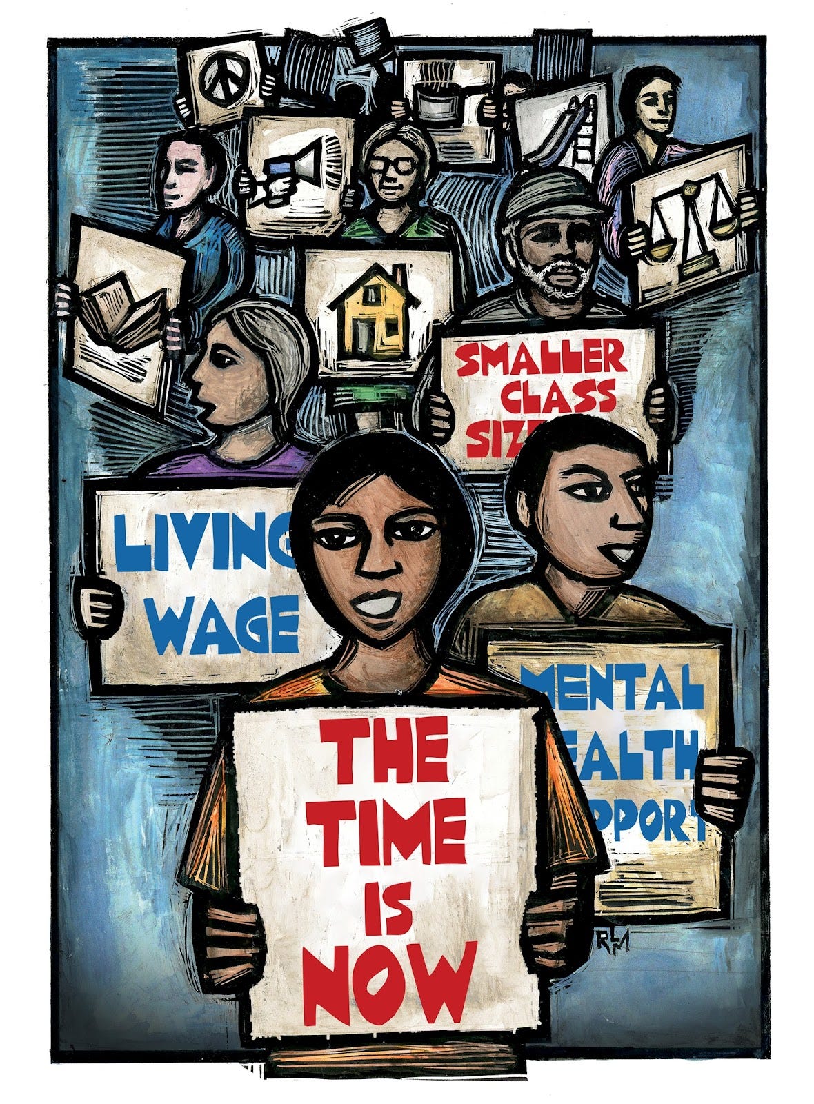 An artwork depicting Black and Brown people holding up protest signs reading "living wage now" "the time is now"