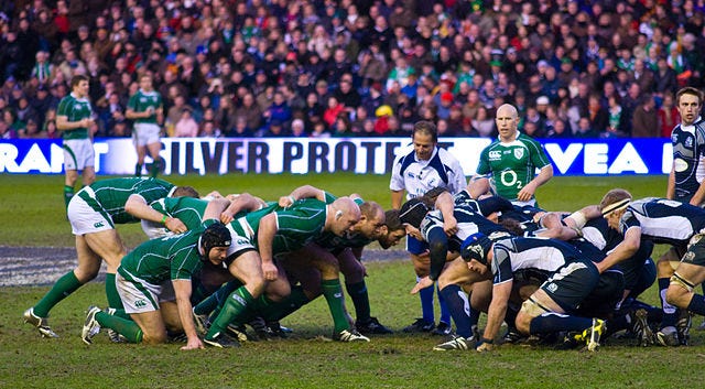Six Nations rugby action between what would appear to be Ireland and Scotland