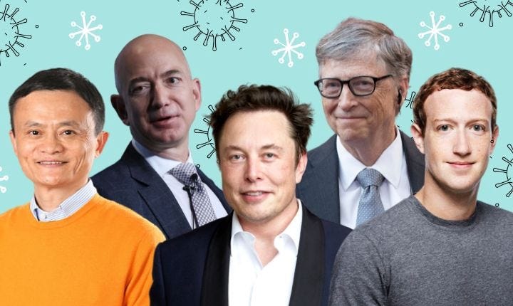 A collage of billionaires Jack Ma, Jeff Bezos, Elon Musk, Bill Gates, and war criminal Mark Zuckerberg