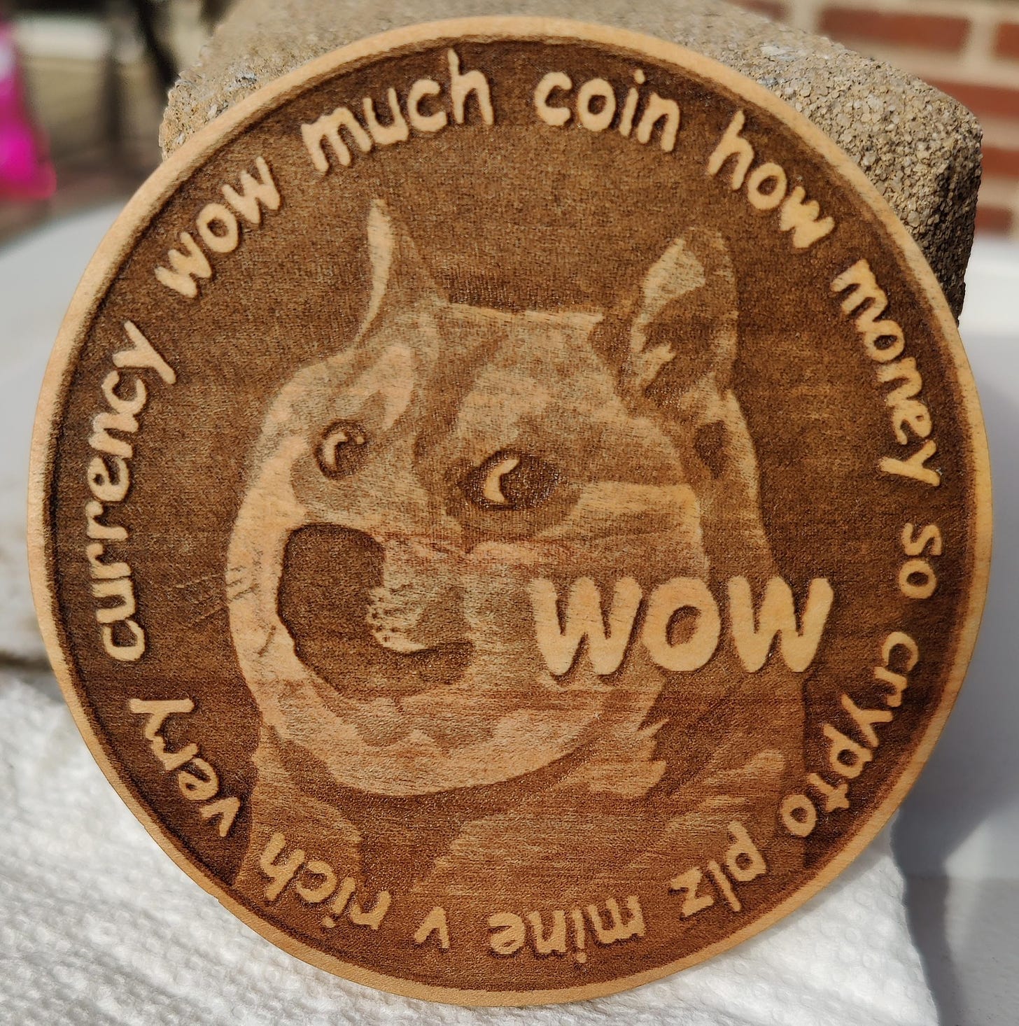 A wooden dogecoin for luck for us to have a steady ride. : r/dogecoin