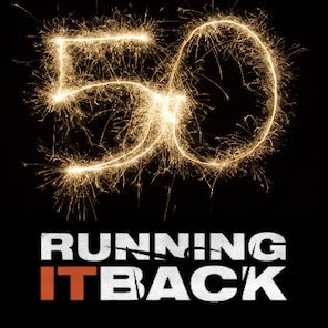 Sparking number 50 above the Running It Back logo