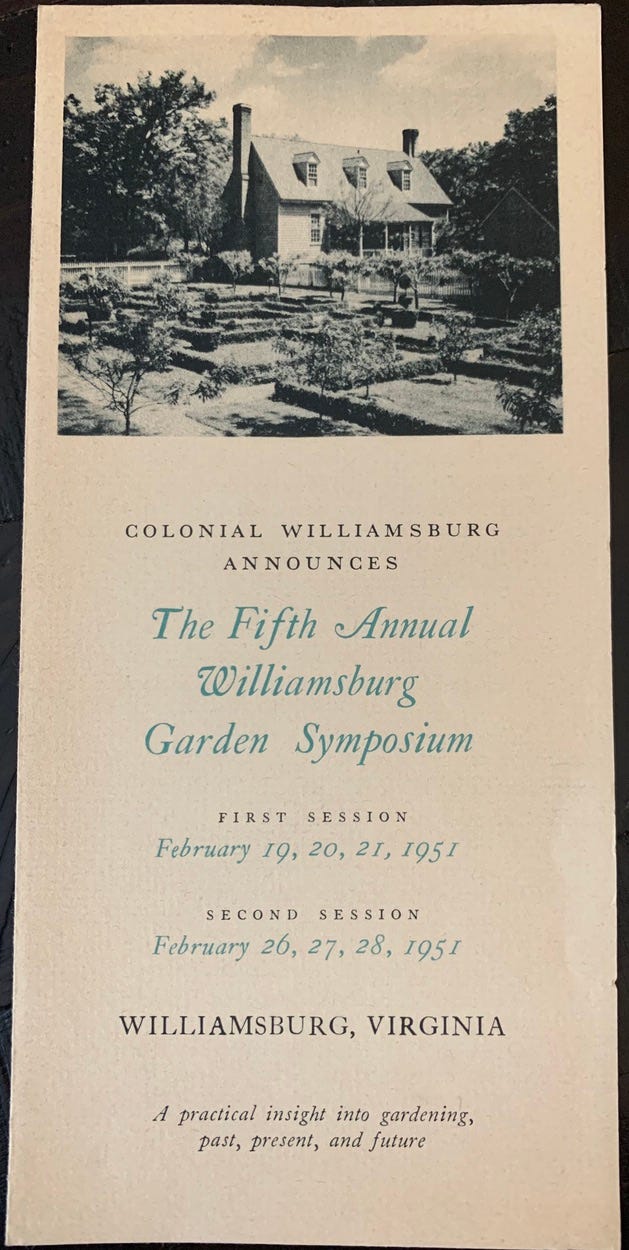 Paper pamphlet showing a black and white photo of a small cottage and hedge garden with the text: "Colonial Williamsburg Announces The Fifth Annual Williamsburg Garden Symposium