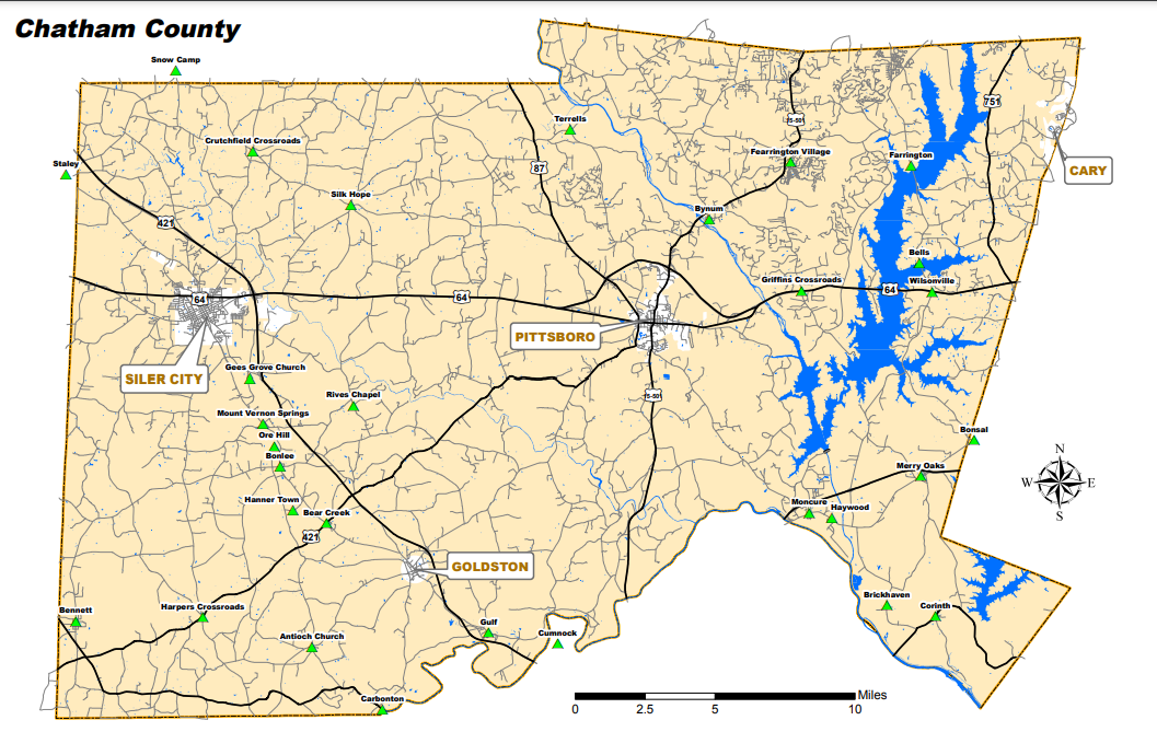 Map of Chatham County, NC including unincorporated communities