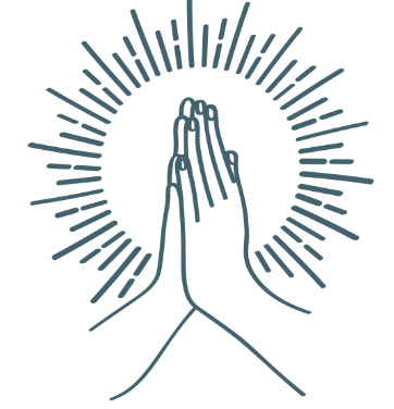 Drawing of Folded hands in prayer surrounded by sunrays