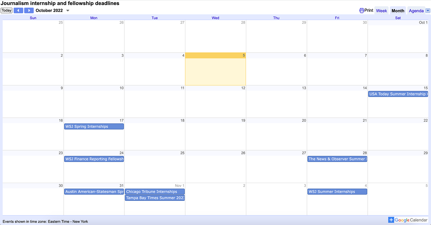 A calendar shows internship deadlines for WSJ, Chicago Tribune, the Tampa Bay Times and more.