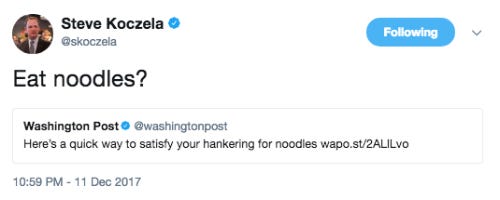 Screenshot of a funny tweet about a tweet about noodles