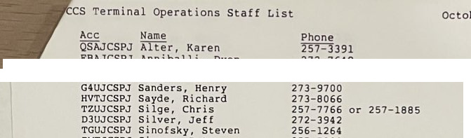 Cornell Comupter Services Terminal Operator List from October 1985, names including Steven Sinofsky and Henry Sanders