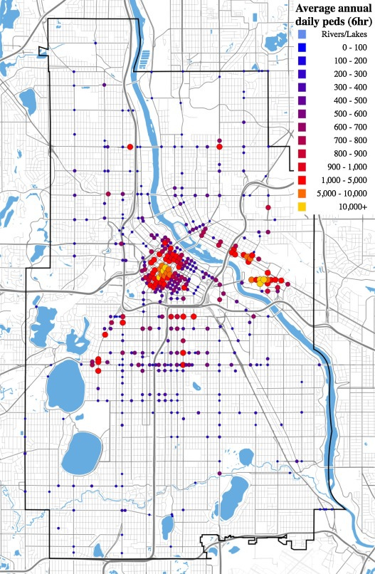 Average annual 6-hour pedestrian count by location, Minneapolis