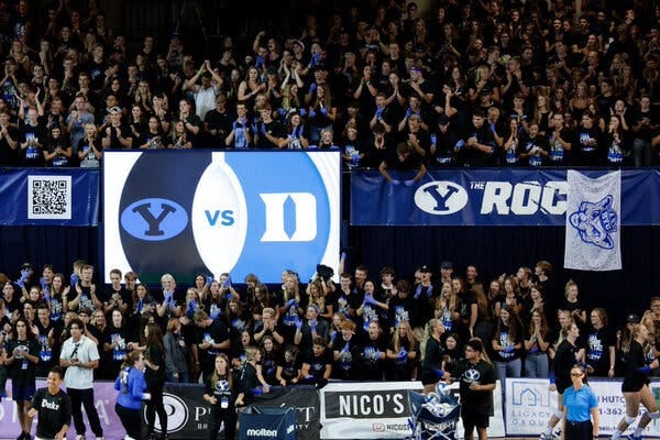 The B.Y.U. and Duke University women’s volleyball teams played at the George Albert Smith Fieldhouse on Friday, in Provo, Utah.