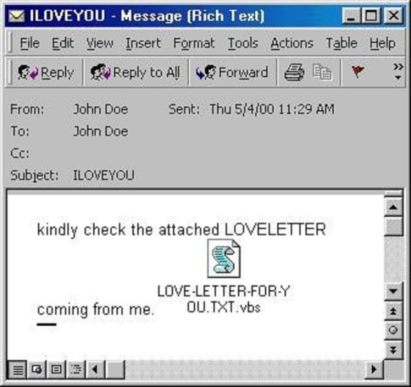 Email message with attachment LOVE LETTER FOR YOU and subject line ILOVEYOU