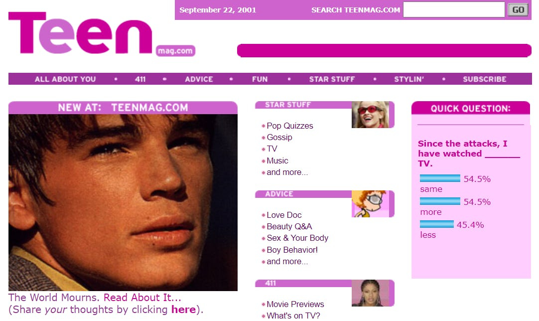 A screenshot of Teen Magazine dot com from September 22, 2001, featuring a close-up of Josh Hartnett and a link to the 9/11 themed message board. 