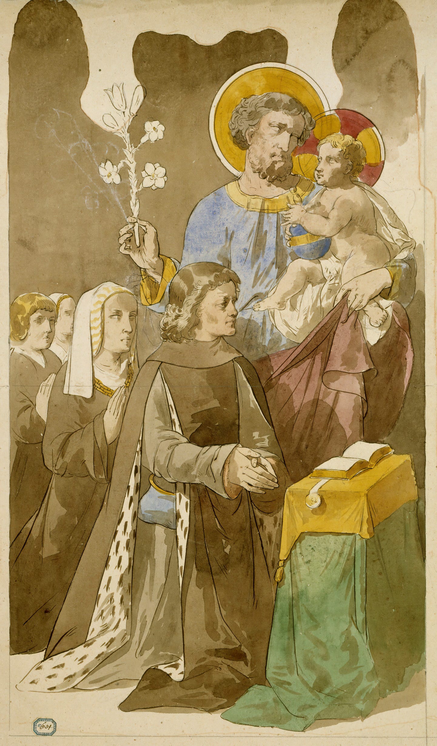 Saint-Joseph et l’Enfant Jésus parmi une famille en prière by Prosper Lafaye (French, 1806-1883)
